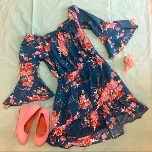 Bell Sleeve, off the Shoulder Blue floral Dress